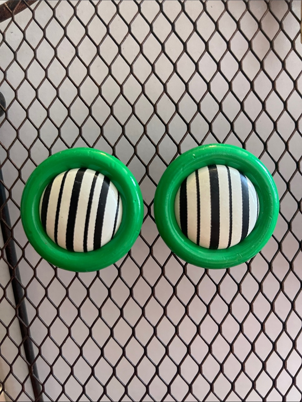 Green black and white Stripe Button style earrings pierced